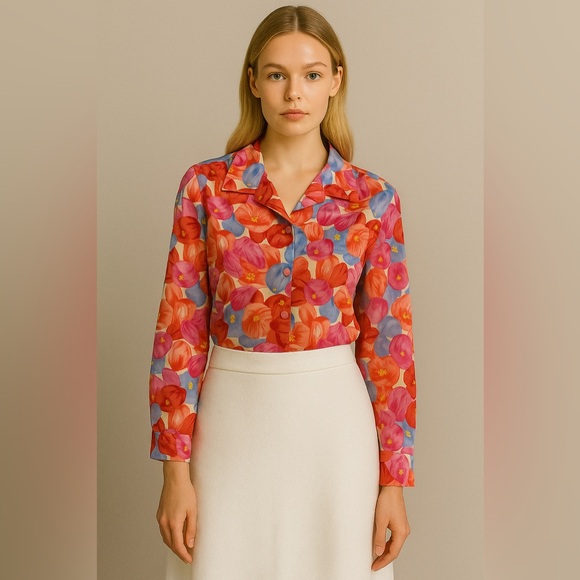 Tops - Vintage Bechamel Bold Floral Blouse – Button-Up Garden Print Shirt, Size L